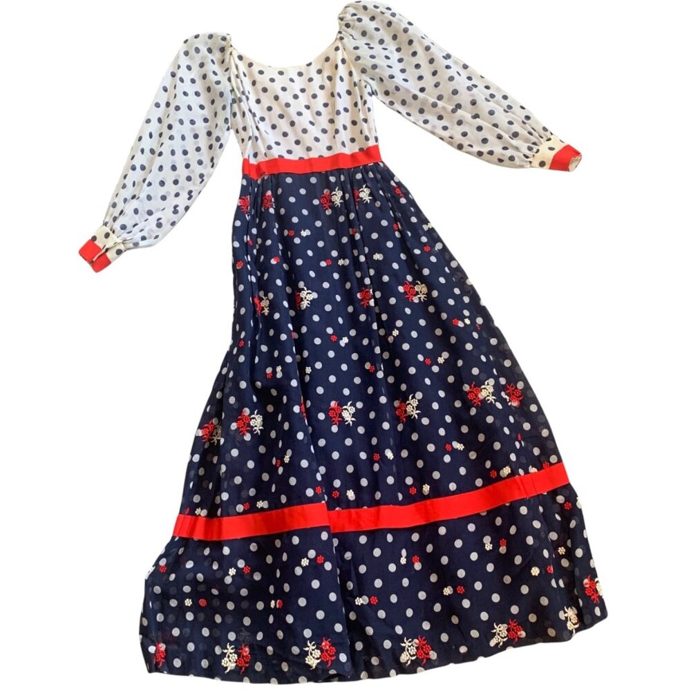 Vintage Elinor Gay ILGWU Polka Dot Floral Embroidered Maxi Dress USA